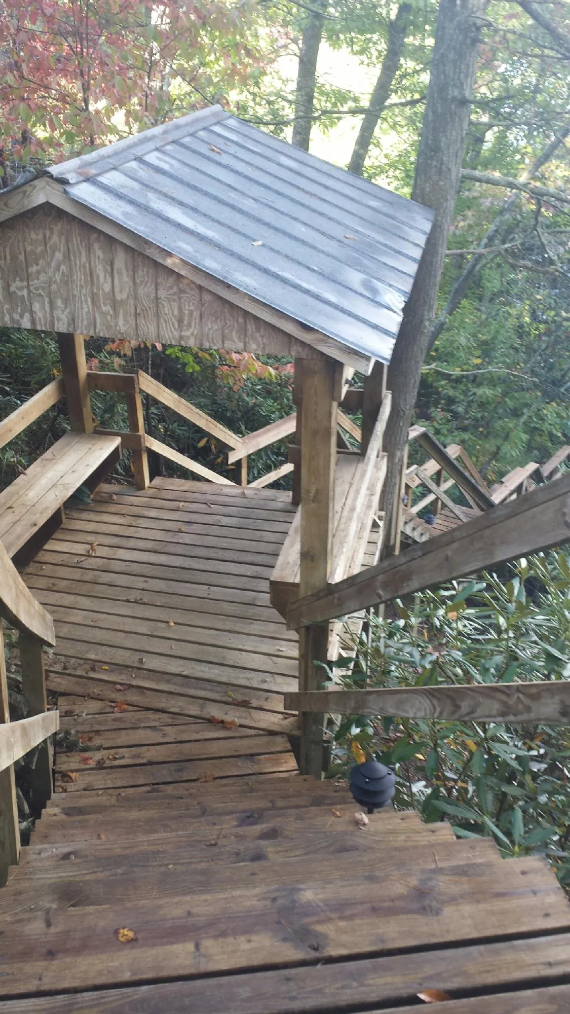 Metal roofed shelter over wooden steps on a wooded walkway — Skylight Repair & Installation work by our crew in Hermitage